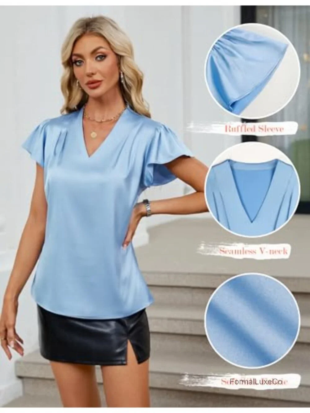 Women's Satin Ruffle Short Sleeve Blouse V-Neck Flowy Business Casual Top